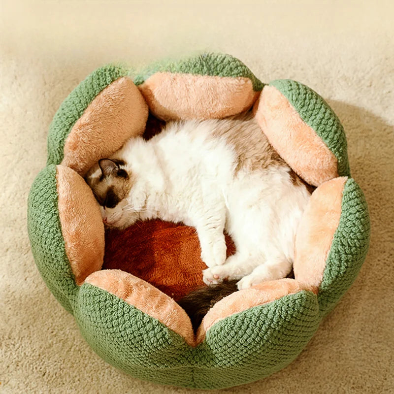 Luxury Pet House Winter Warm and Comfortable Cat Bed New Cartoon Cactus Petal Dogs Cats Nest Foldable and Washable Pet Supplies
